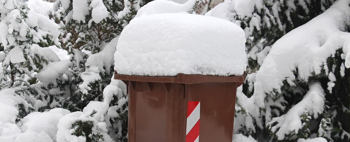 Foto:  Diverse Abfallbehälter mit Schnee bedeckt