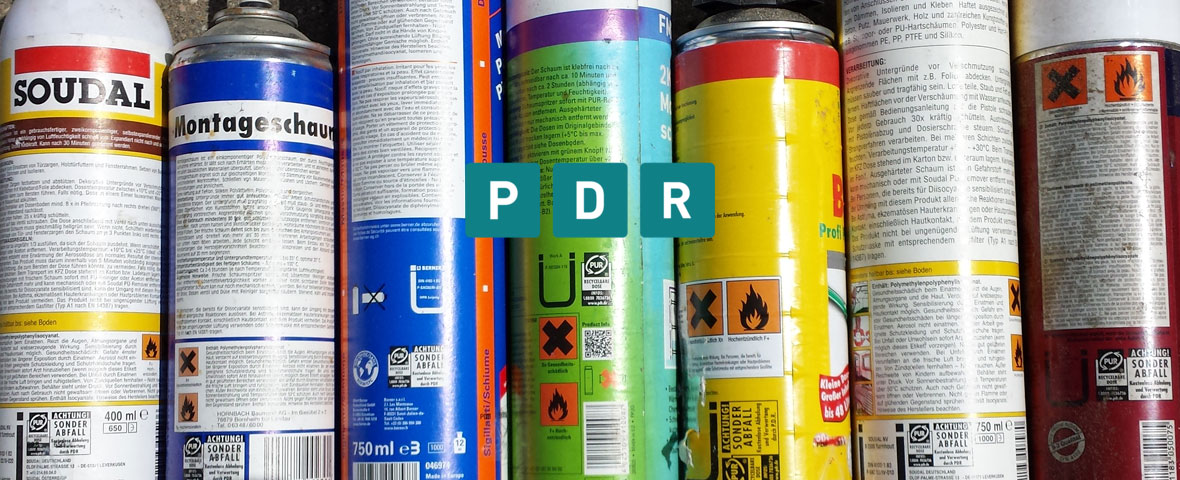Bildcollage: Foto diverser PU-Schaum-Dosen und das Logo der Firma PDR Recycling