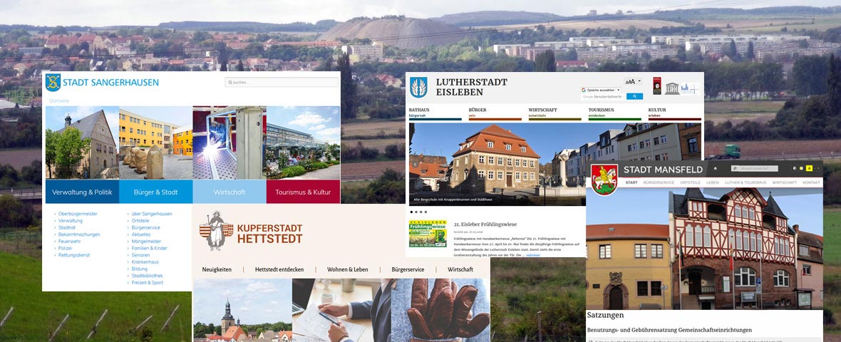 Bildcollage: Foto der Mansfelder Region, darüber Grafiken der Websites der vier Städte 