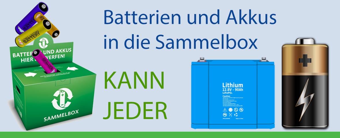 Bildcollage: Batterien mit Slogan "Batterien und Akkus in die Sammelbox, kann jeder!