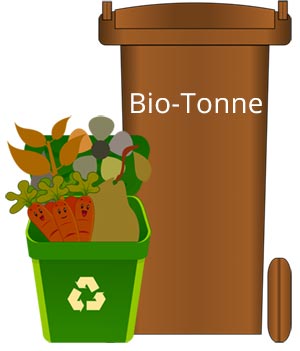 Grafik einer braunen Biotonne, daneben steht ein grüner Vorsammeleimer, gefüllt mit diversen Bioabfällen